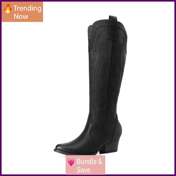 Women's Knee High Cowboy Boots Pull On Side Zipper Chunky Heel Embroidered